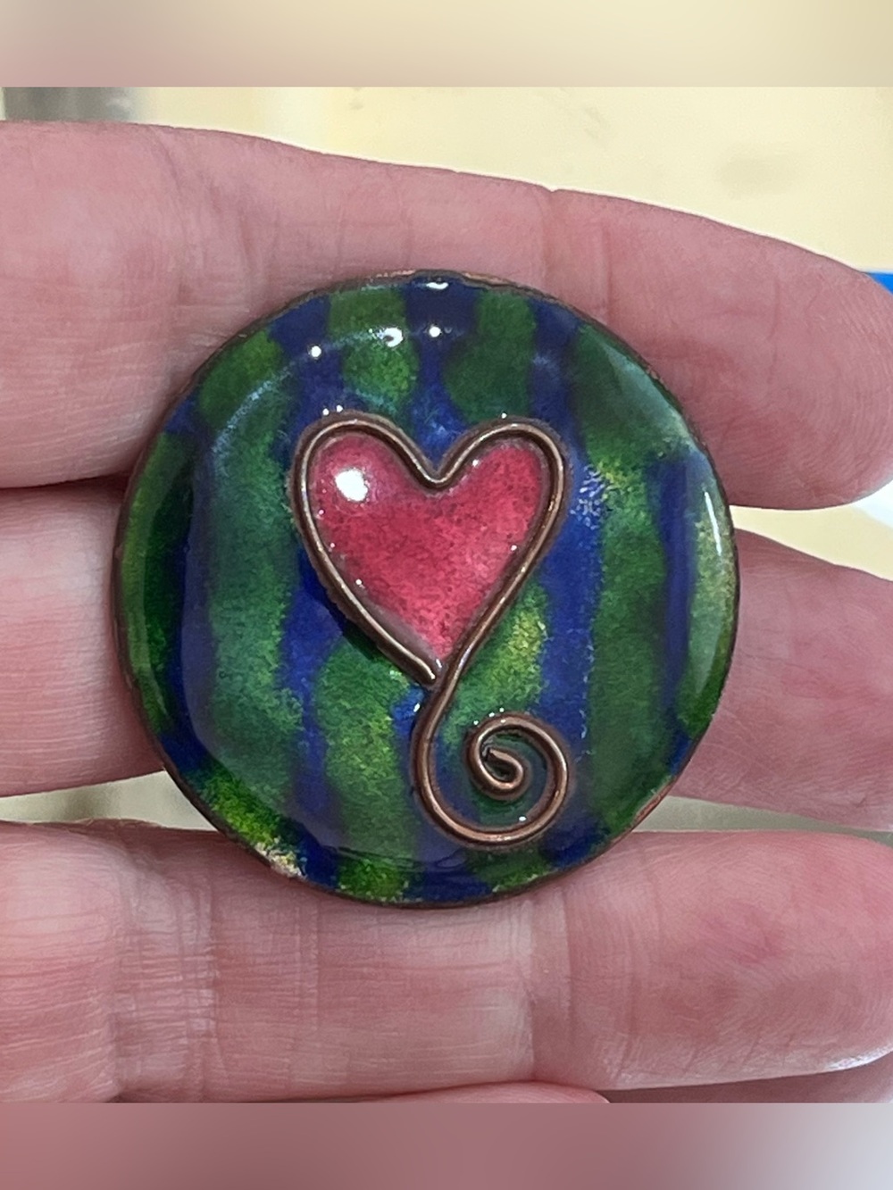 Whimsical Enamel on Copper Red Heart & Stripes of Blue & Green Circle Brooch/Pin